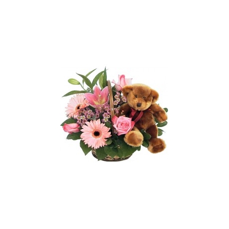 Pink Flowers with Teddy Bear