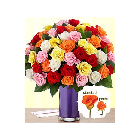 50 Red,Pink,Yellow,Orange Roses in Vase