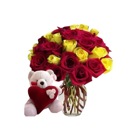 12 Yellow & 12 Red Roses in Vase with Cute Teddy Bear