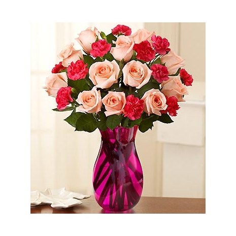 12 Pink Roses in Vase with Greenery