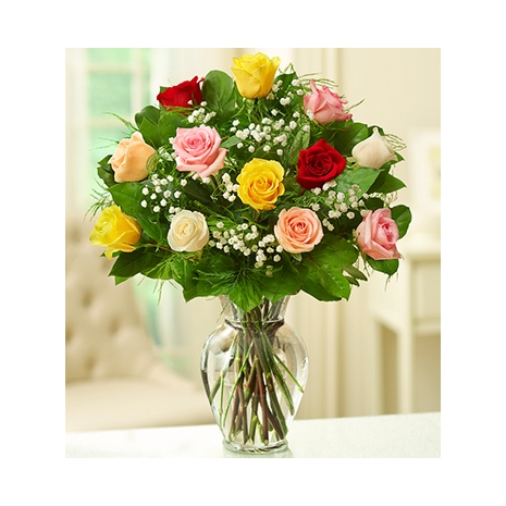 12 Mixed Color Roses in Vase