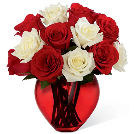 12 Red & White Roses in Vase