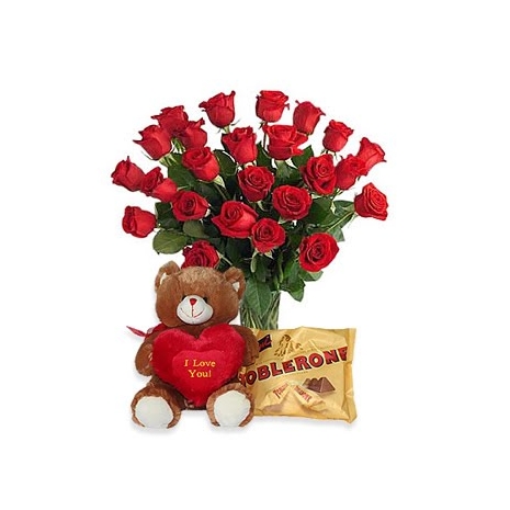 24 Red Roses in Vase with Chocolate & Bear