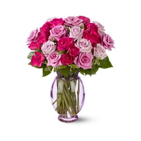 36 Red,Pink & Purle Roses in Vase