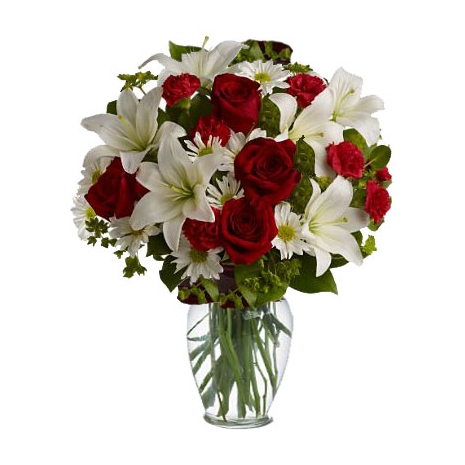 6 Red Roses in Vase with Calla Lilies