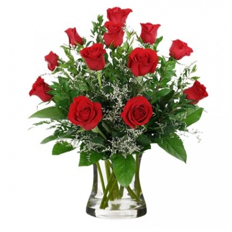 12 Red Roses in Vase with Greenery