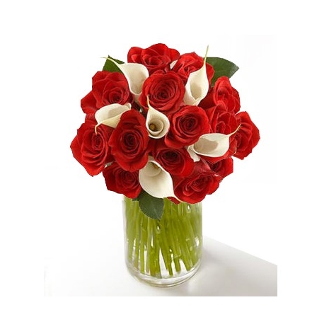 12 Red Roses in Vase with 6 White Lilies