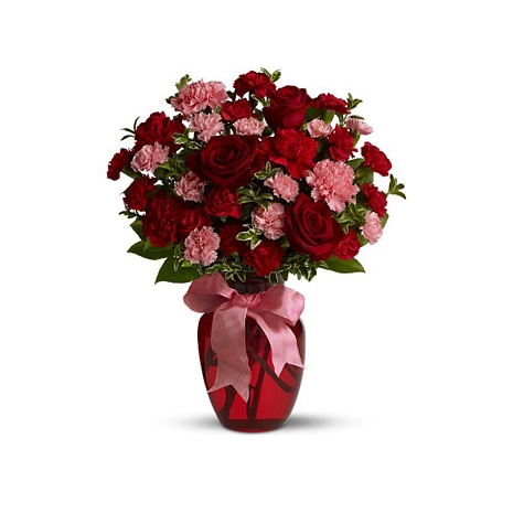 3 Red Roses in Vase with Seasonal Flower