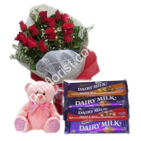 12 Red Roses Bouquet,Pink Bear with Cadbury Chocolates