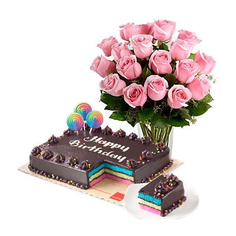 Rainbow Cake with 18 Pink Roses