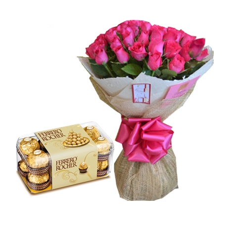 send 24 pink roses bouquet with ferrero rocher chocolate to philippines