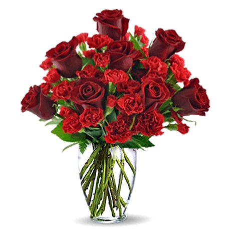 8 Red Roses in Vase with Gerbera