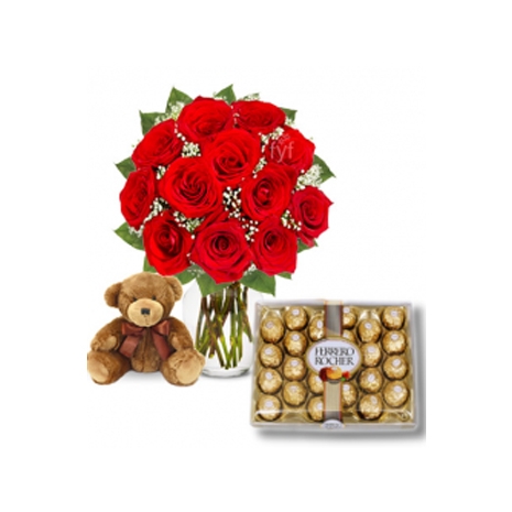Red Roses vase,24 pcs Ferrero box with mini Bear
