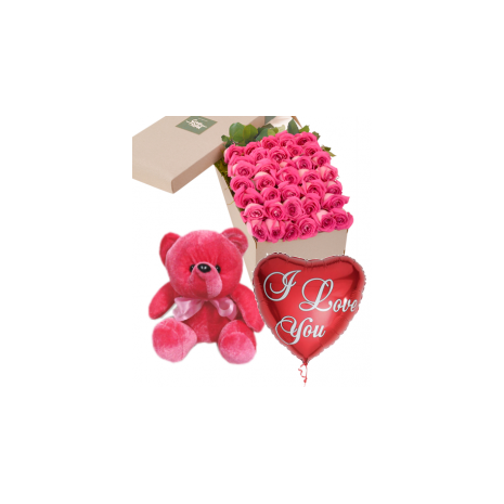 36 Pink Roses Box,Red Bear with I Love u Balloon