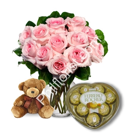 Send  pink rose vase,brown bear with ferrero rocher chocolate to Philippines