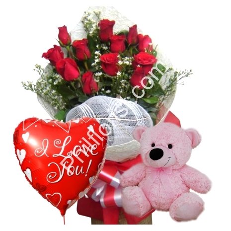 Send red rose bouquet pink bear with love you balloon to Philippines