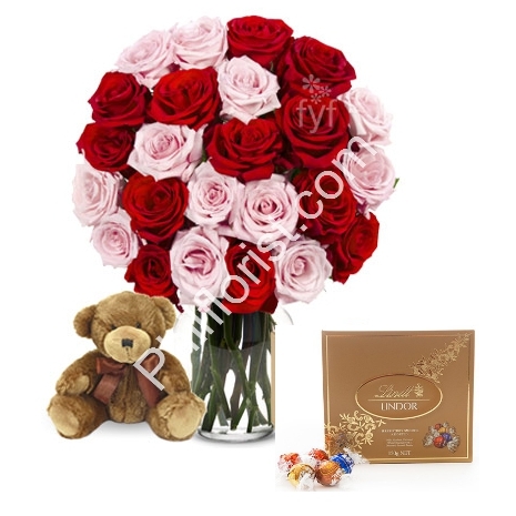 Send 24 red & pink rose vase,brown bear with lindt chocolate to Philippines