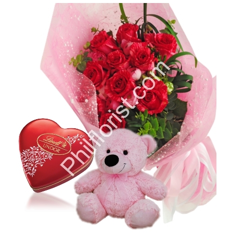 Send red rose bouquet,pink bear with lindt chocolate to Philippines