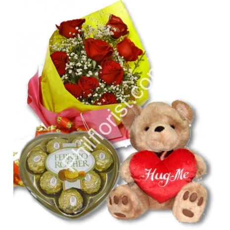 Send red rose bouquet ferrero chocolate box with Bear to Philippines