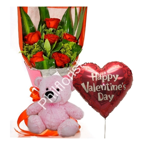 Send 6 red roses pink bear with Valentine balloon to Philippines