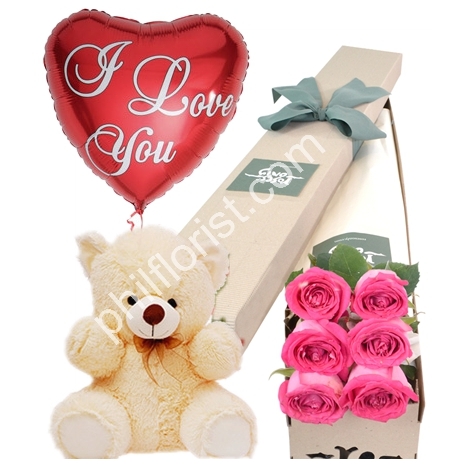 Send 6 pink roses box pink bear with balloon to Philippines
