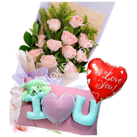 Send 12 pink roses bouquet wesley Pillow with balloon to Philippines