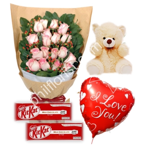 Send 18 pink roses bouquet bear kitKat chocolate with balloon to Philippines