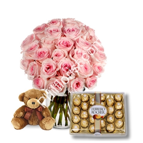Send 24 Pink rose vase ferrero chocolate box with Small Bear to Philippines