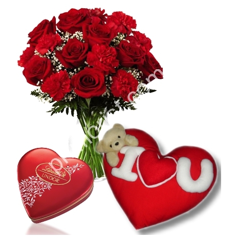Send 12 red roses vase lindt chocolate box with wesley pillow to Philippines
