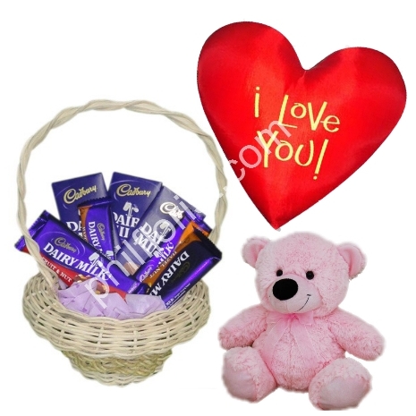 Send cadbury chocolate basket pink bear with pillow to Philippines