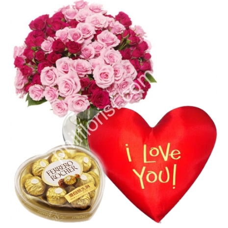 Send 36 pink & red roses vase ferrero chocolate box with pillow to Philippines