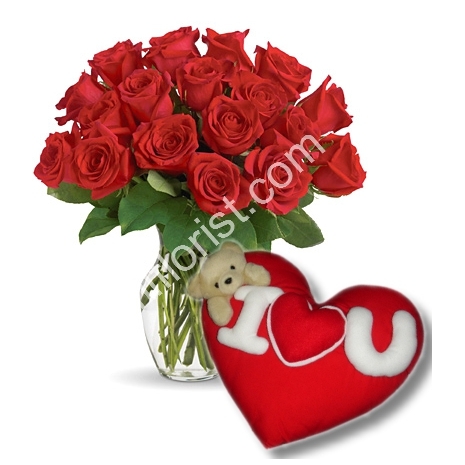 Send 24 red roses vase with wesley Pillow to Philippines