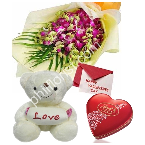 Send mixed flowers bouquet pink bear with lindt chocolate box to Philippines