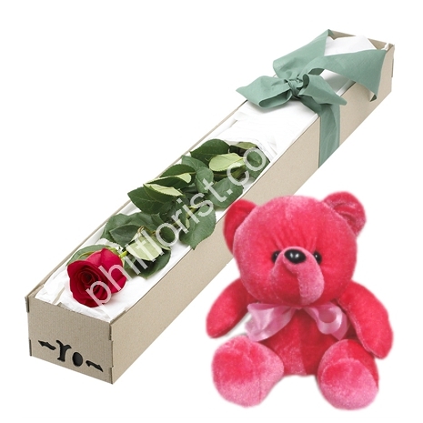 Send single red rose in box with red bear to Philippines