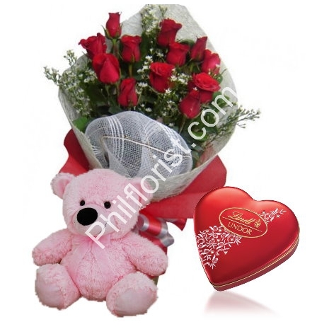 Send 12 red rose bouquet Pink bear with lindt chocolate box to Philippines