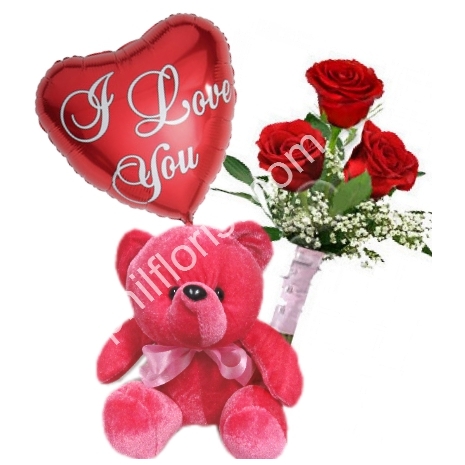 Send 3 red roses bouqet red bear With balloon to Philippines