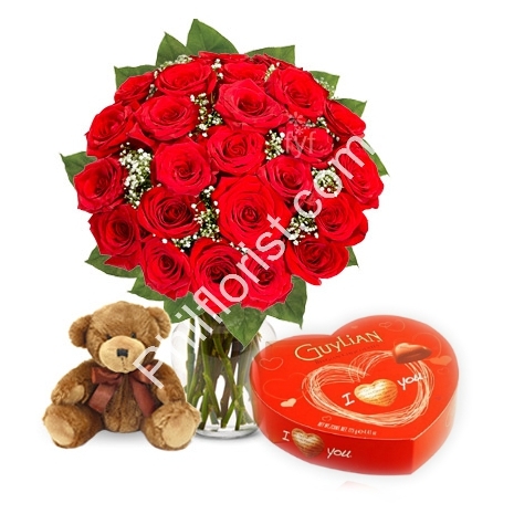 Send 24 red rose vase,brown bear with guylian chocolate to Philippines