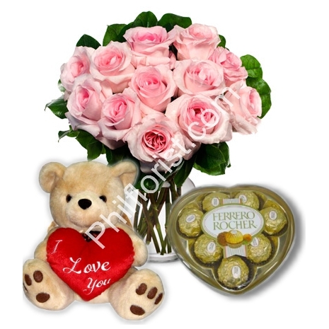 Send 12 Pink Rose vase ferrero rocher chocolate with Bear to Philippines