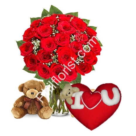Send 24 red rose vase brown bear with Wesley Pillow to Philippines