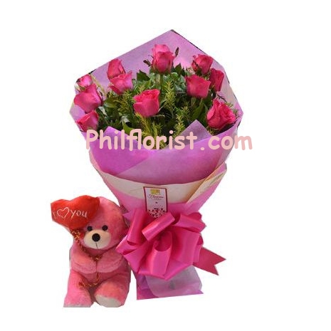 12 pink roses with small heart teddy bear send to philippines