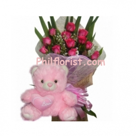 12 pink roses with pink bear with love pillow send to philippines