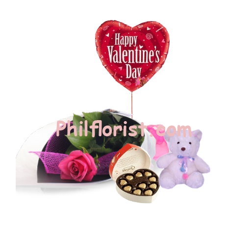 1 Pink Rose,Balloon,Guylian Box w/ Teddy Bear to Philippines