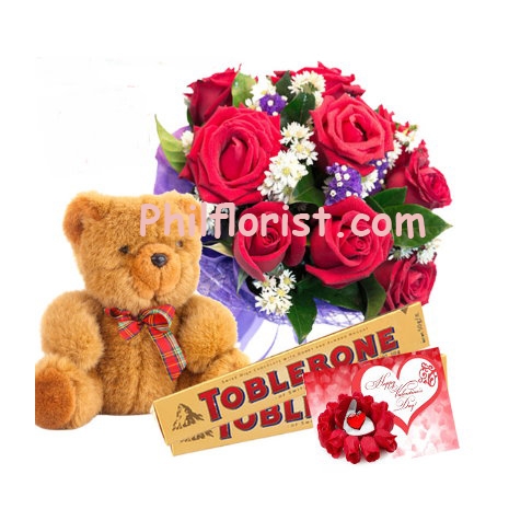 12 Red Roses,Toblerone Chocolate with Bear Send to Philippines