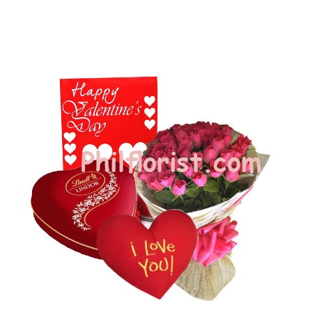 24 Pink Roses,Lindt Chocolate Box with Heart Pillow Send to Philippines