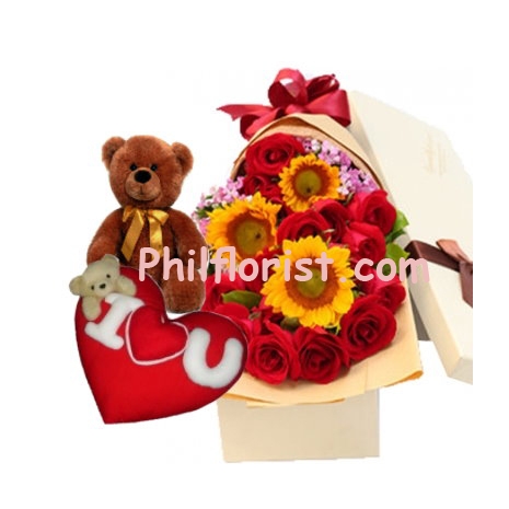 12 Red Roses & Sunflowers Bouquet,Heart Pillow w/ Bear to Philippines