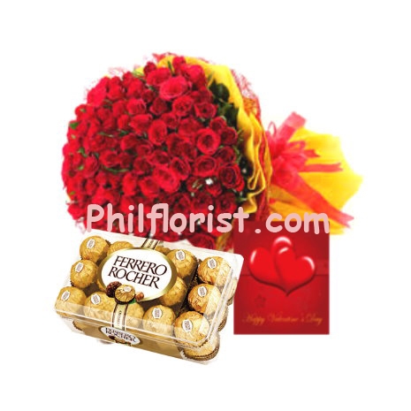 36 Red Roses in Bouquet W/ 16 pcs Ferrero Rocher to Philippines