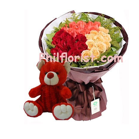 36 Mixed Roses in Bouquet with Red Bear Send to Philippines