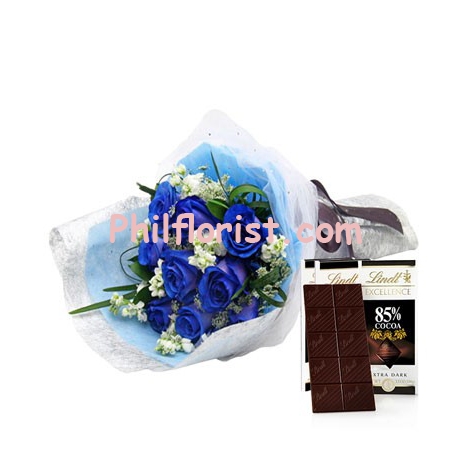 12 Blue Roses Bouquet w/ Lindt Dark Chocolate Send to Philippines