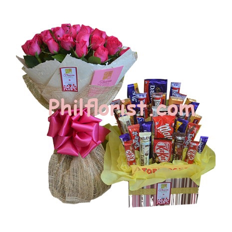 24 Pink Roses Bouquet w/ Mix Chocolate Basket Send to Philippines