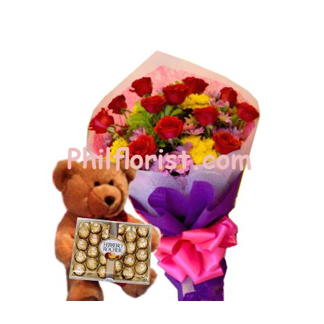 12 Red Roses Bouquet,Ferrero Chocolate w/ Bear Send to Philippines